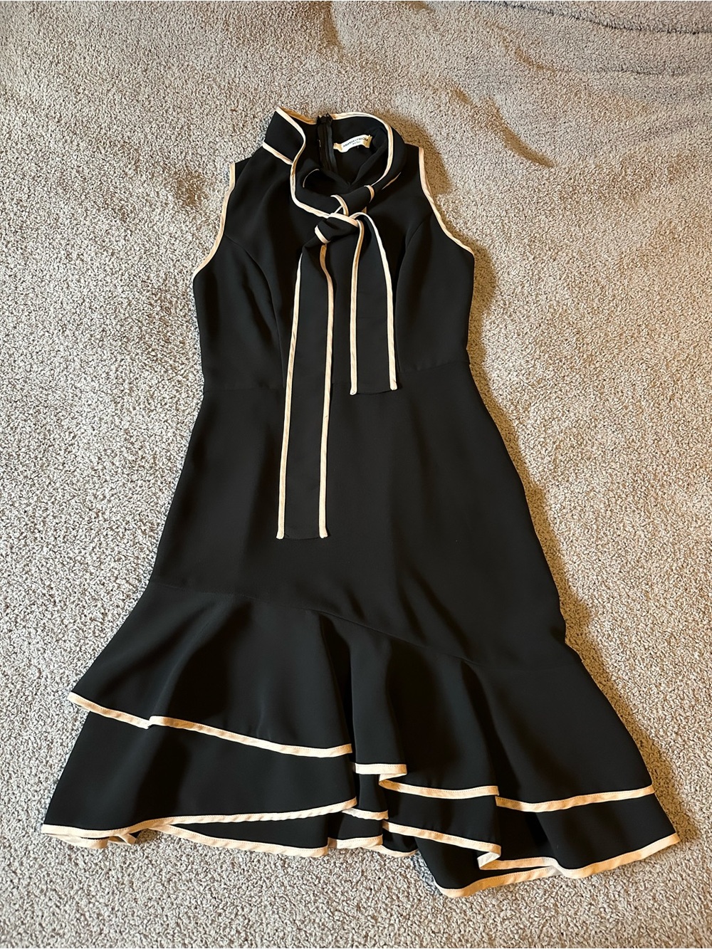 Amanda Uprichard Black Midi Dress with Cream Trim and Tie Neck